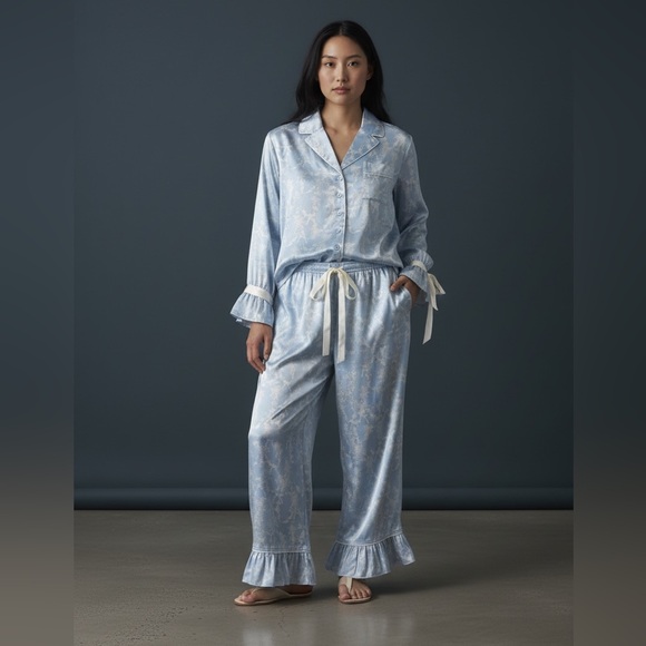 969. Floral and bow wide leg long sleeve pajama set blue